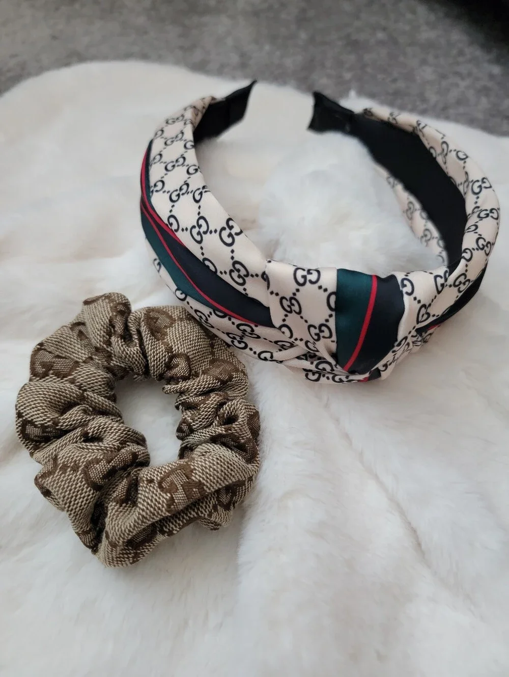 2pcs Ivory Biege & Brown Headband and Scrunchie Set